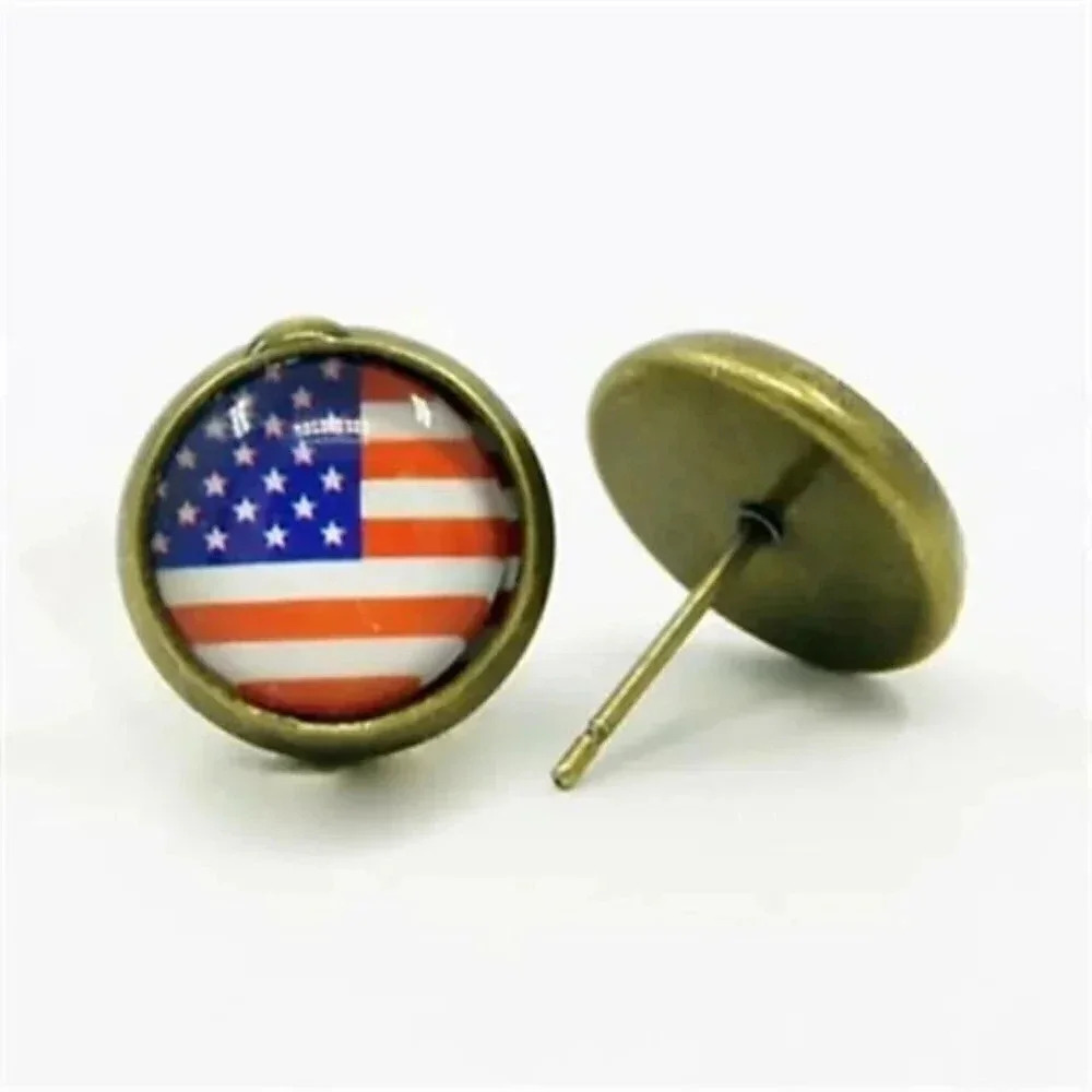American Flag USA United States Antiqued Brass Stud Patriotic Earrings